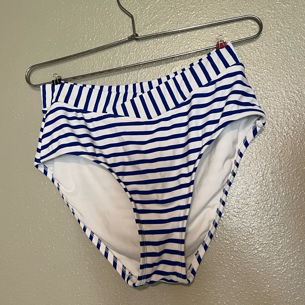 Striped high rise crossover waist bikini bottoms, size medium, more modest style